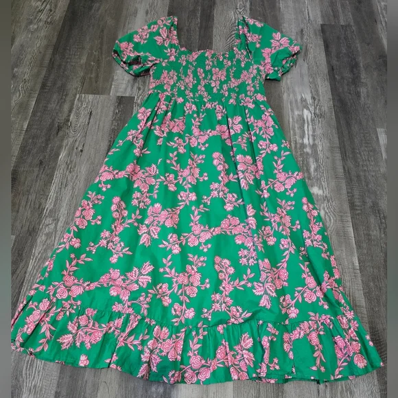 J. Crew Factory Smocked Midi Dress Floral Green/ Pink Puff Short Sleeves Size M - Picture 1 of 13